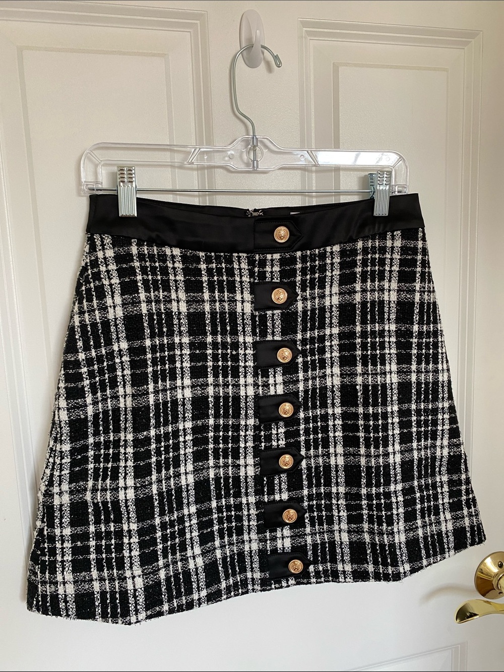 NWT Rachel Parcell Black White Tweed Plaid A-Line Skirt with Gold Buttons Size 6
